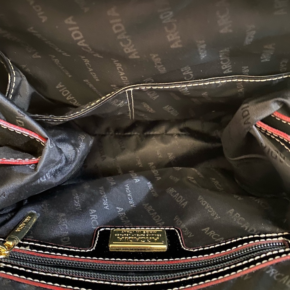 Arcadia Italian Satchel Embossed Patten Leather Black Red Python Accents - Picture 13 of 15
